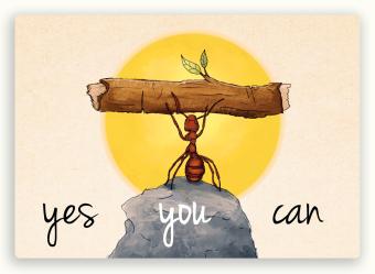 postkaart van een mier die een tak omhoog houdt met de tekst yes you can